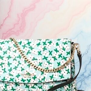 Kate Spade Laurel Way Green Floral Crossbody Envelope Flap With Silver Chain